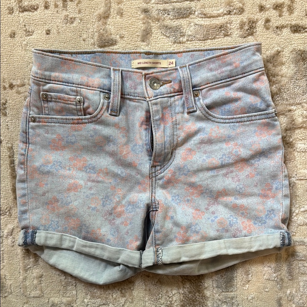 Levi's Blue and Pink Jean Shorts with Distressed floral print